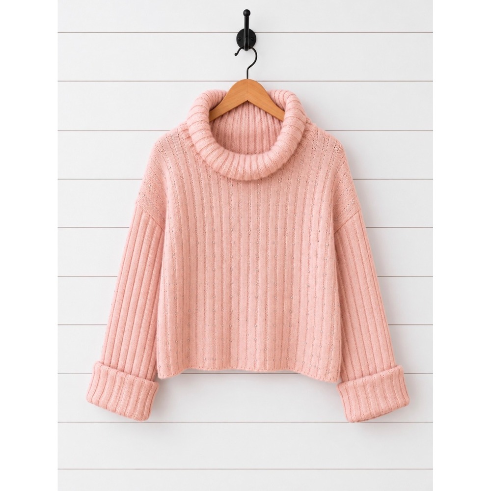 Adyson Parker Blush Pink Studded Cropped Turtleneck Sweater Women's M EUC